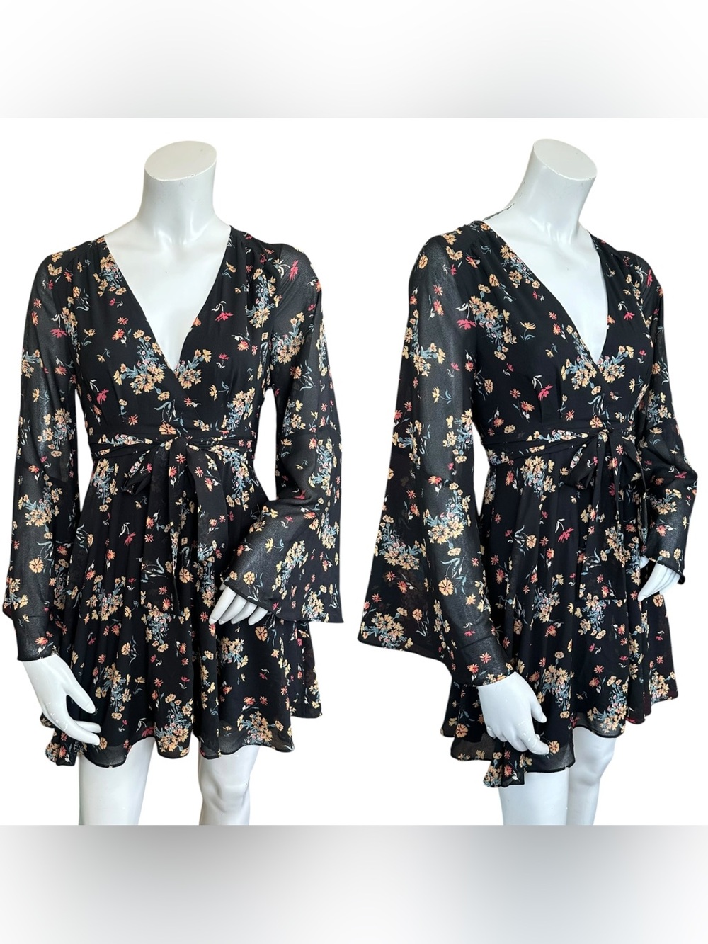 Free People Lilou V Neck Black Chiffon Flare Wide Sleeve Floral Mini Dress XS